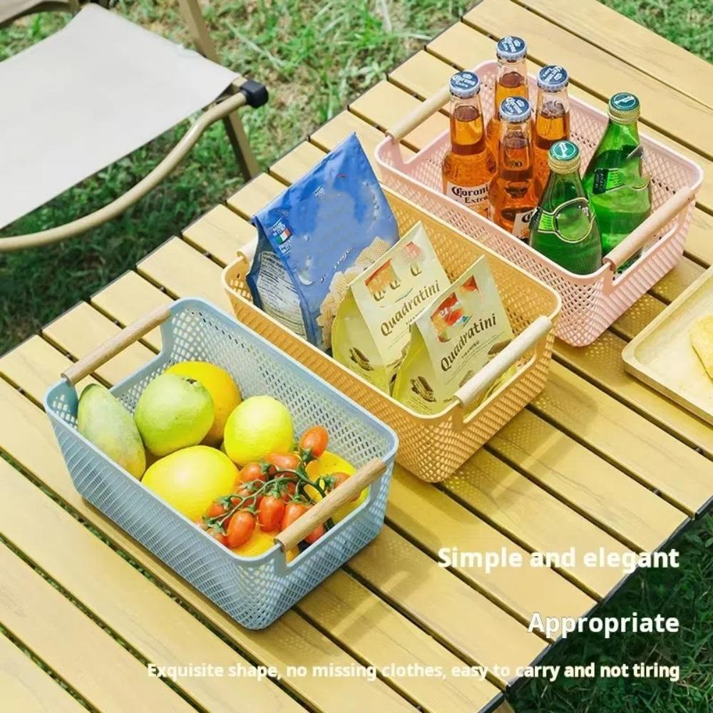 Wood Handle Sundry Storage Basket Rectangle Woven Mesh Basket Household Organizer