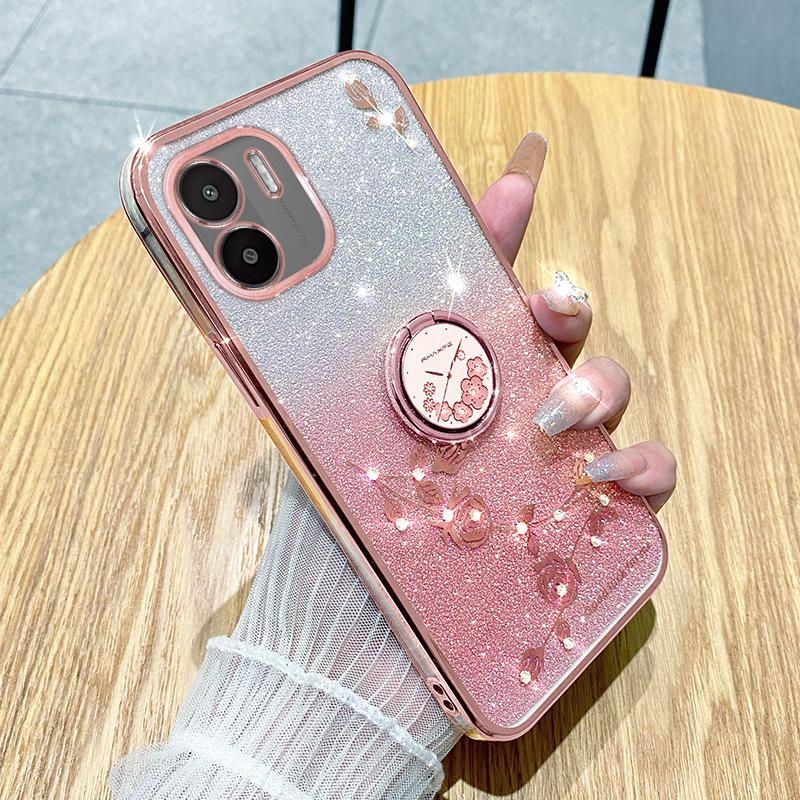 

KADEM Kickstand Shell for Xiaomi Redmi A1 4G/A2 4G Glitter Gradient Rhinestone Flower Phone Cover TPU Electroplating Case Rose Gold