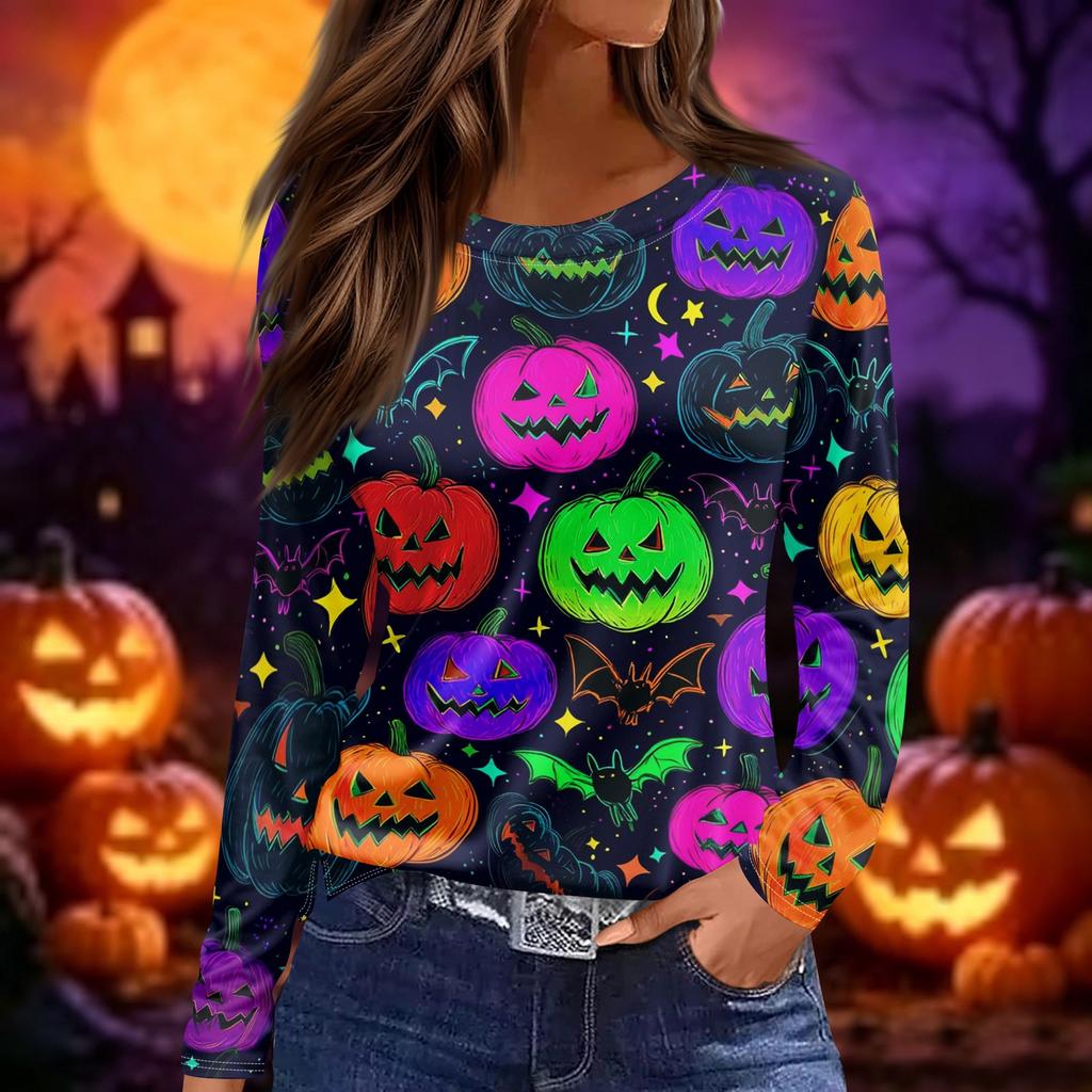 Women's Long Sleeve Halloween Print Top Split Hem Round Neck Casual Pullover Shirt with Festive Graphic Design for Seasonal Wear