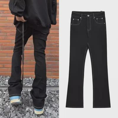 "Men's Trendy Black Flared Floor-Length Slim Jeans with Ribbon"