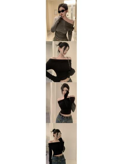 Women's Gray One-Shoulder Long-Sleeve T-Shirt: Slim-Fit, Flattering, Sexy, Short, High-End Feel for Autumn/Winter.