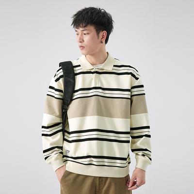 Autumn American Heavy Polo Shirt Sweater Men'S Loose Plus Size Lapel Clothes Striped Long-Sleeved Top