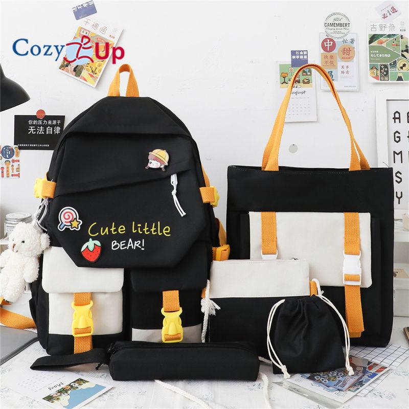 

Рюкзак износостойкий контрастного цвета большой вместимости школьная сумка для начальной школы комплект из 5 предметов 32x44x13cm чёрный