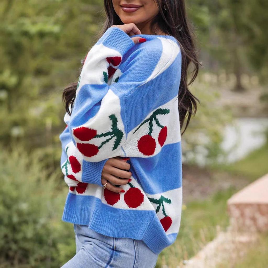 Cherry Jacquard Knit Sweater - Round Neck, Long Sleeve, European & American Style, Loose Fit, 2024 Fashion Trend
