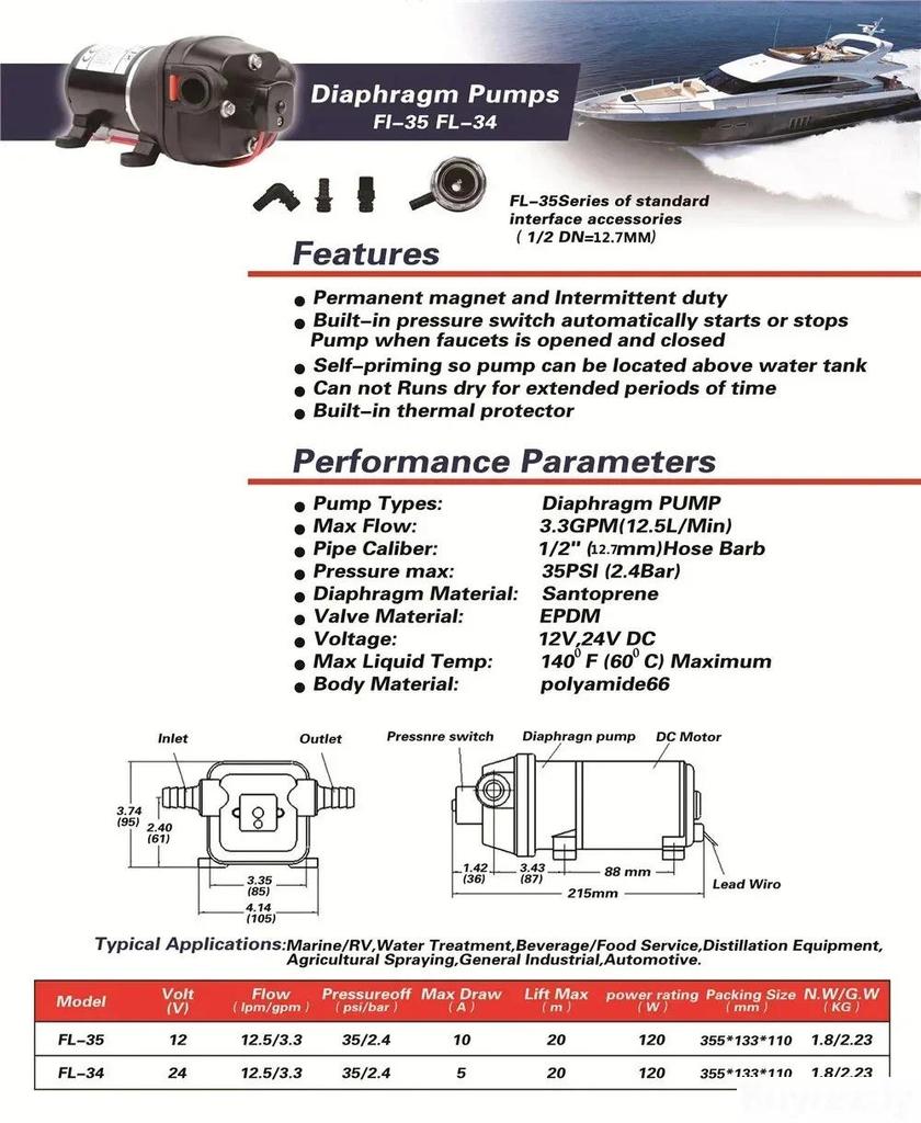 DC Micro Diaphragm Pump FL-34/FL-35, 20m Max Head for RV and Irrigation Water Supply