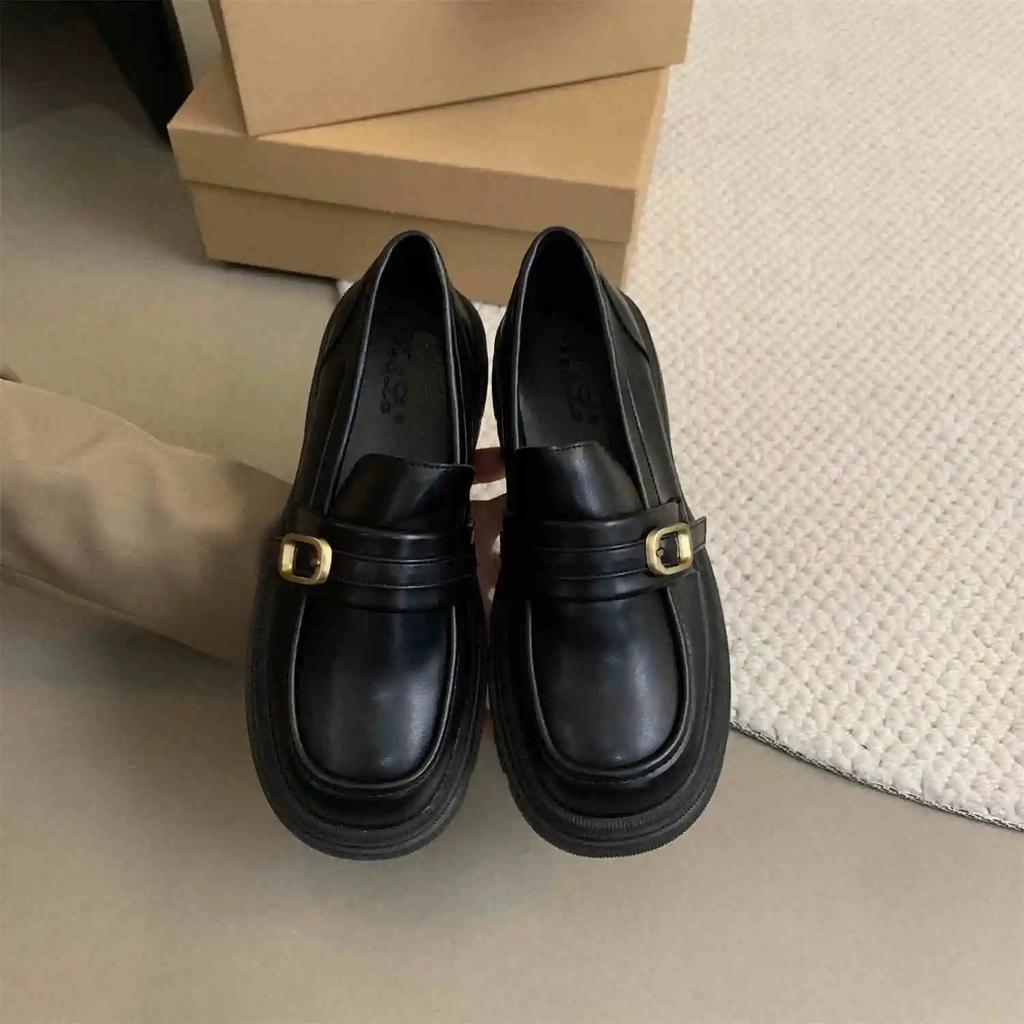 Fashion IPPEUM Women Loafers Platform Shoes Black PU Leather Round Toe Mary Janes Shoes Flats