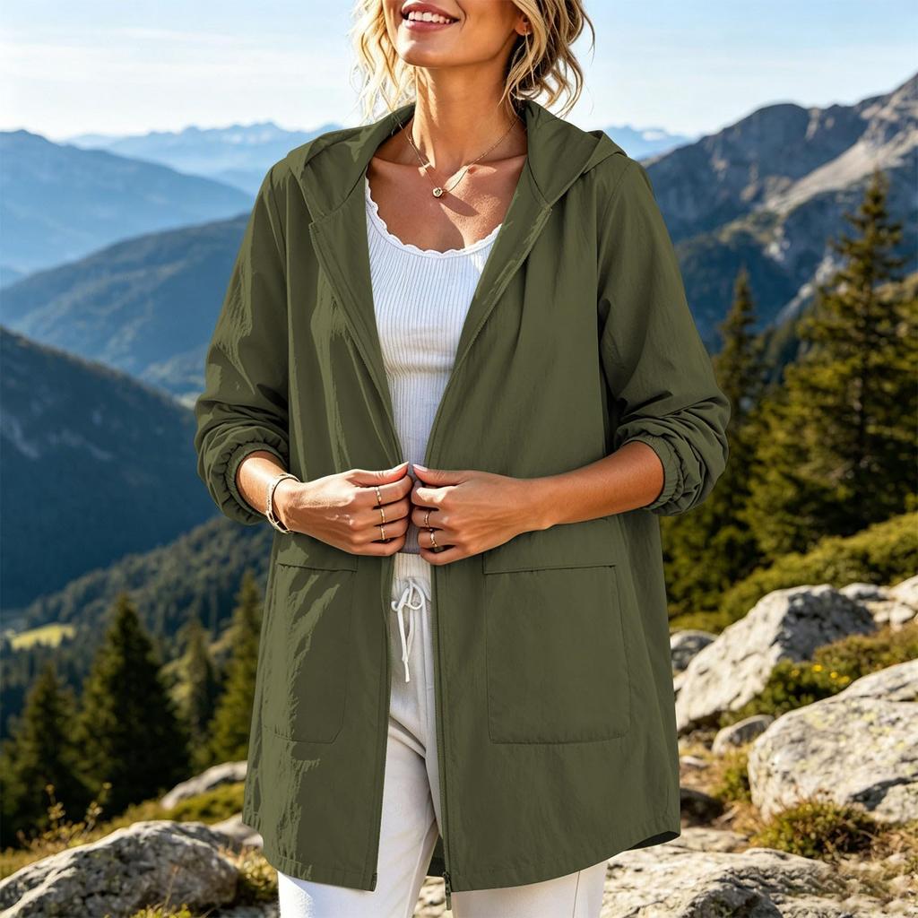 Women's Waterproof Windproof Hooded Jacket Lightweight Zip Front Outdoor Raincoat Casual Long Sleeve Windbreaker