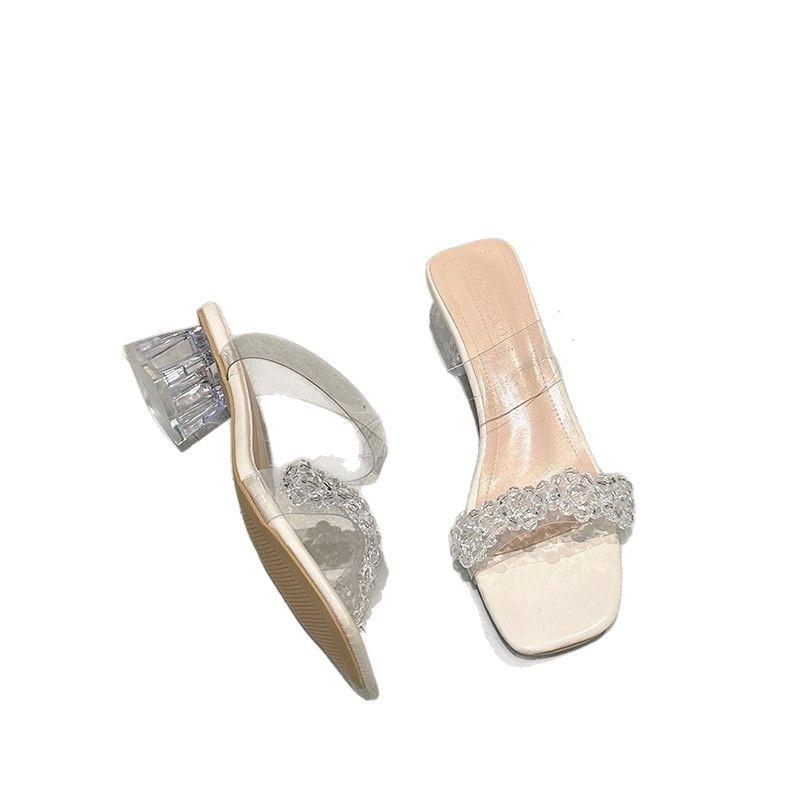 Fairy wind word with sandals girl 2025 new summer transparent cool slippers thick heel medium heel crystal high heels