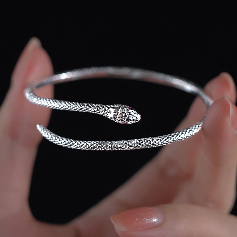 

2024 Red Snake Minimalist Adjustable Silver Bangle with Red-Eyed Spirit Design