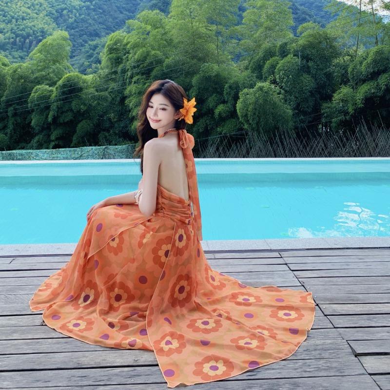 French Sleeveless Waist Collar Neck Print Dress for Women's Design Sense and Thin Temperament Holiday Dress