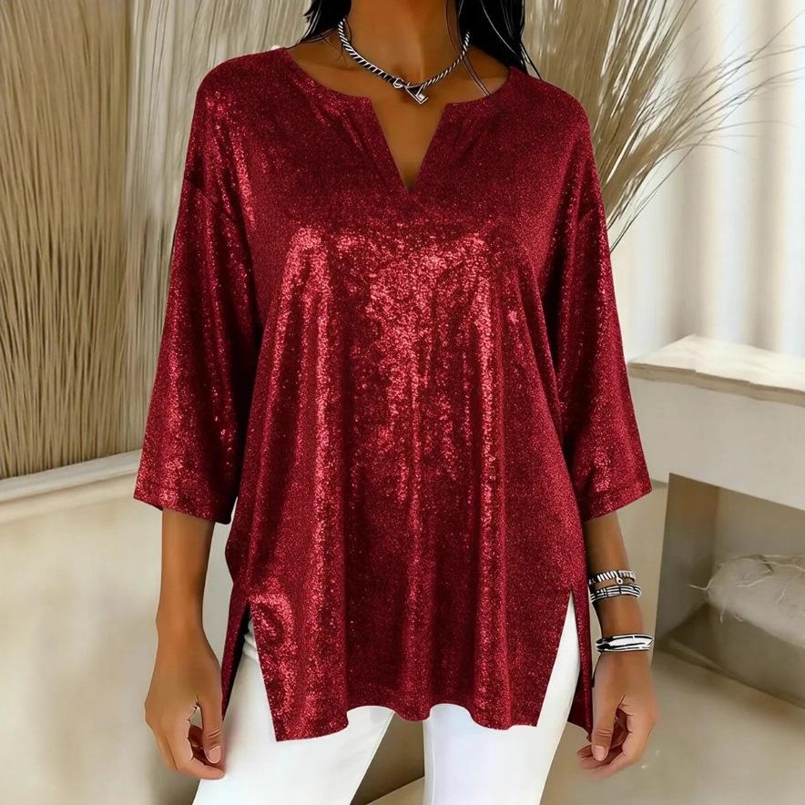 2025 Women's Shiny V-Neck Loose Split Sleeve Top