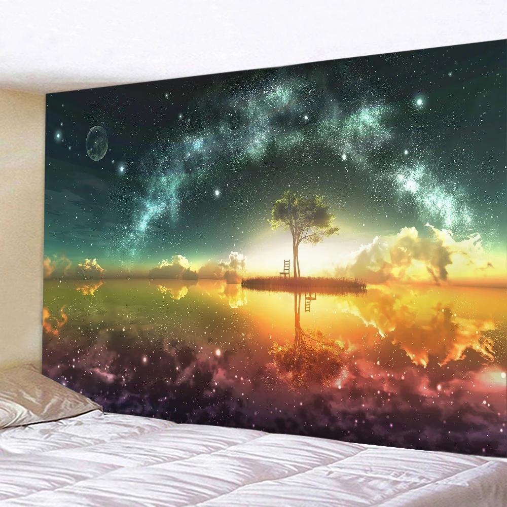 Mystery Starry Sky Tapestry Hippie Wall Hanging Forest Tree Jungle Moon Tapestrie Room Decor Aesthetic for Living Room Bedroom