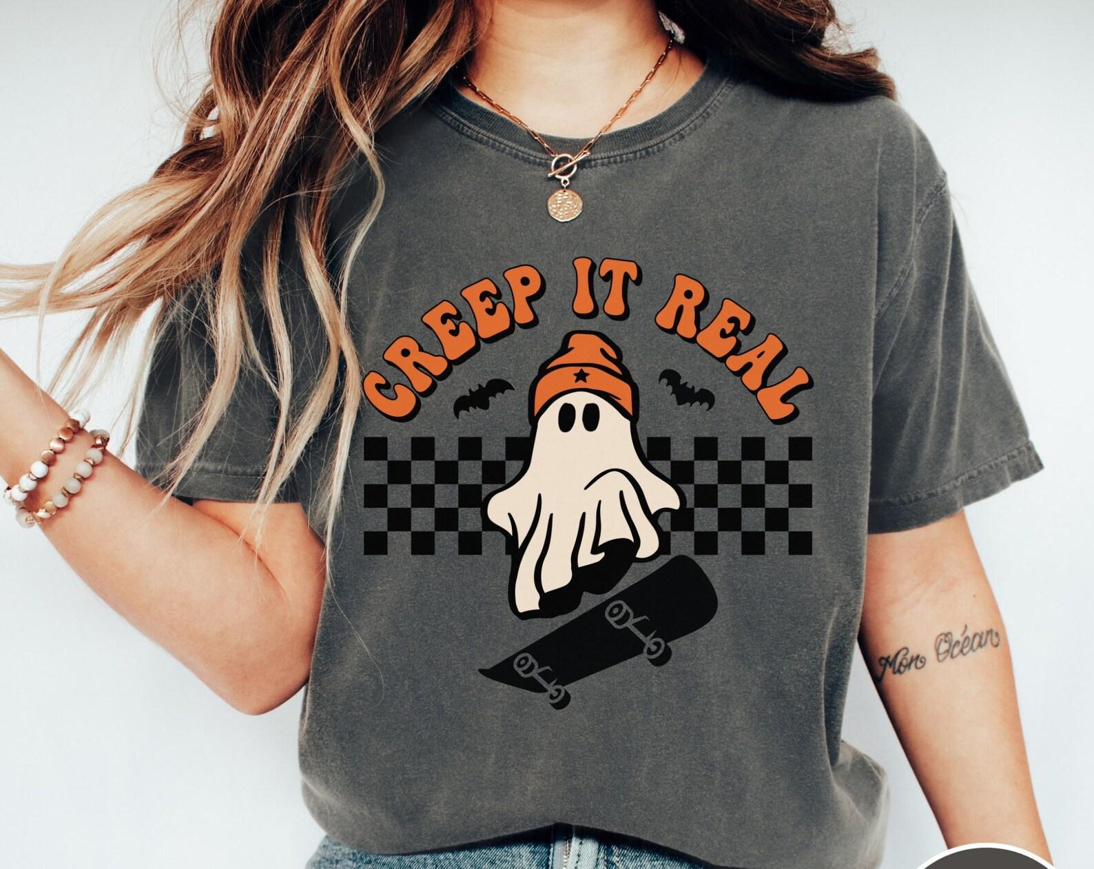 Comfort Colors Retro Halloween Shirt, Creep it Real, Ghost Skateboard Graphic Tee XL