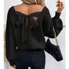 Suéter de Punto de Cuello en V para Mujer Color Sólido Otoño Nuevo Estilo Manga Larga Casual Suelto Top con Lazo para Mujer