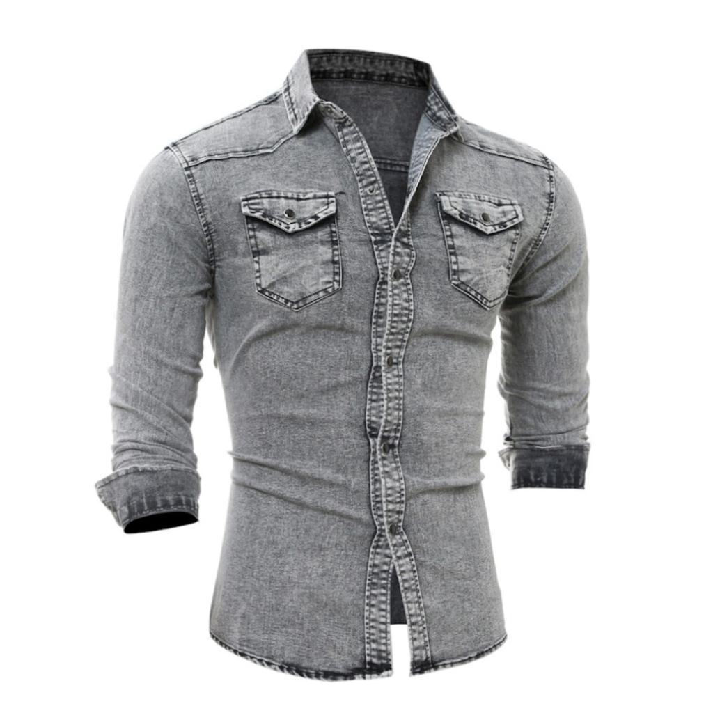 Men's Casual Long Sleeve Lapel Denim Washed Shirt Men's Tops Men's Shirts