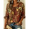 Women's Rust Red Botanical Print Tie Neck Blouse, Casual Loose Tops for Spring Summer Daily Wear Vacation Occasions