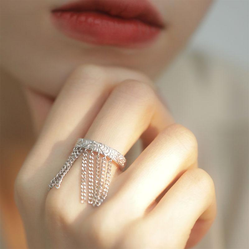 New Korean Thorn Rose Double Finger Ring Ladies Vintage Silver Color Fashion Chain Flower Opening Ring Wedding Party Gifts