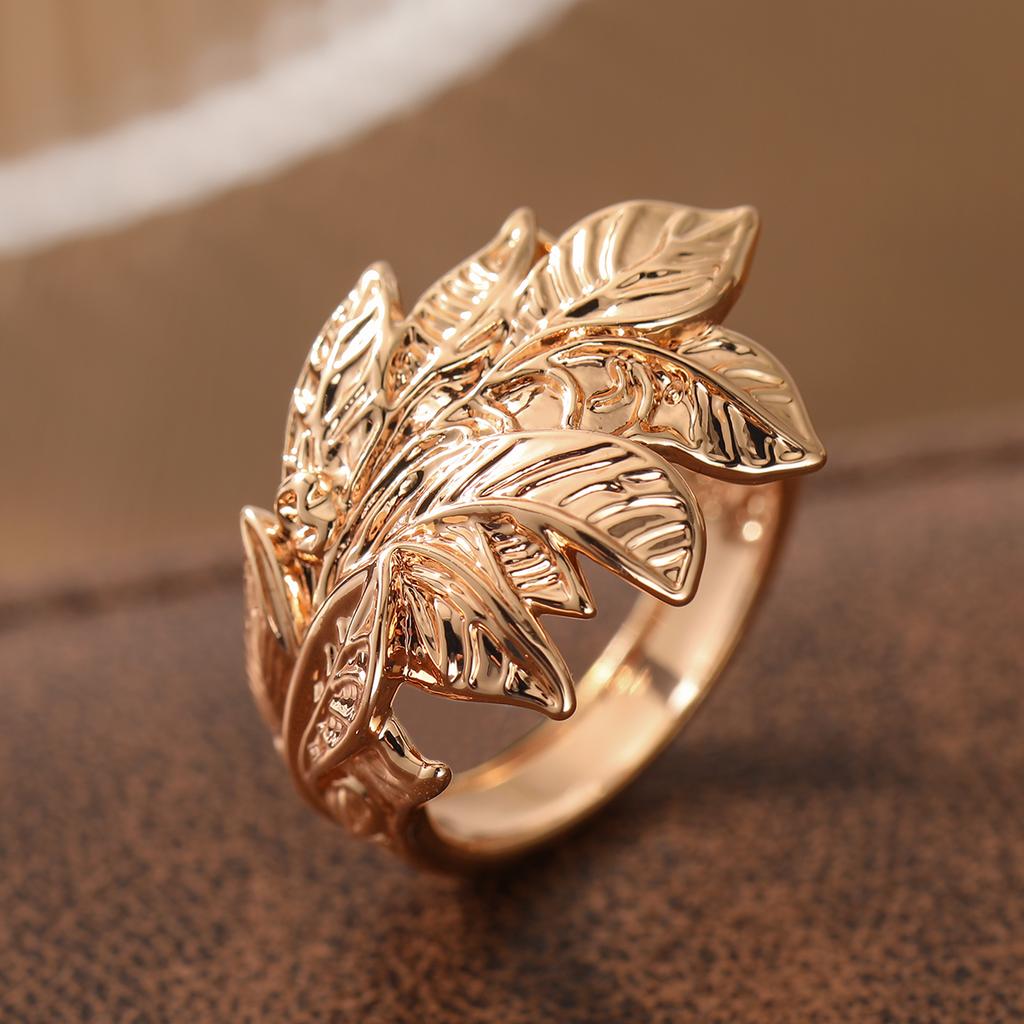 Luxury 3D Embossed Leaf Ring Copper Material Women Jewelry Ring For Banquet