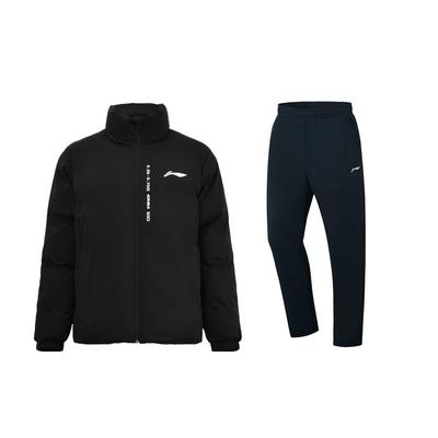 LiNing Fleece Thick Letter Print Stand Collar Warm Long Sleeve Top Comfortable Long Pants Casual Sports Suit Unisex Suit Black AJMU219-4+AKLT243-1