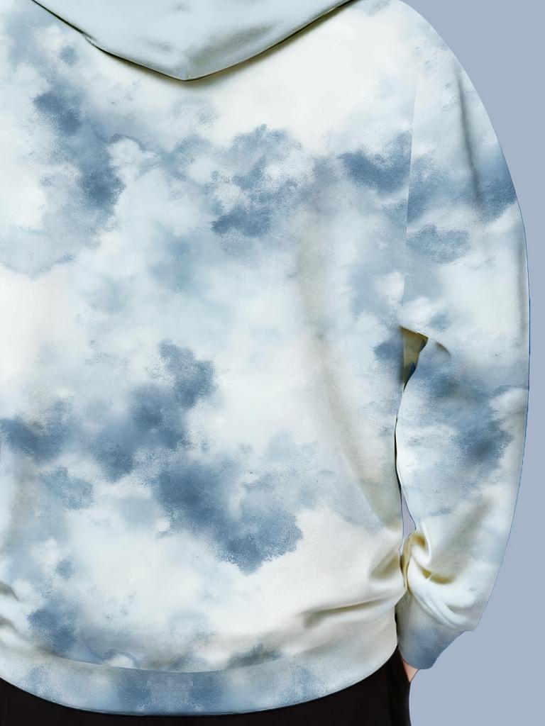 Men's Fashion Long Sleeve Hoodie, Trendy Printed Sports Sweatshirt with Blue and White Watercolor Cloud Pattern. Soft, Comfortable, and Breathable