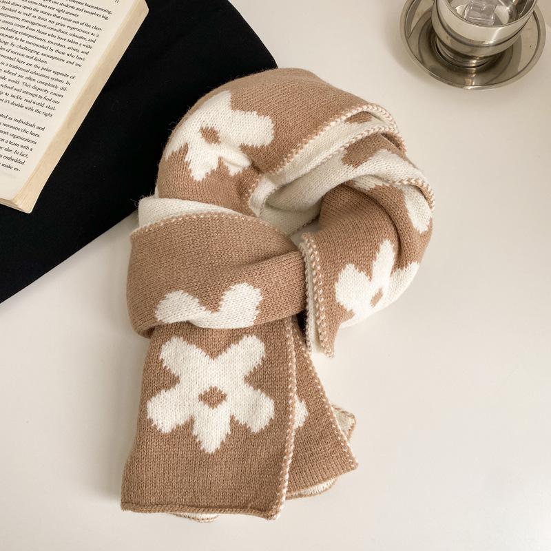 New flower solid color soft waxy knitted wool scarf female autumn and winter student versatile warm scarf