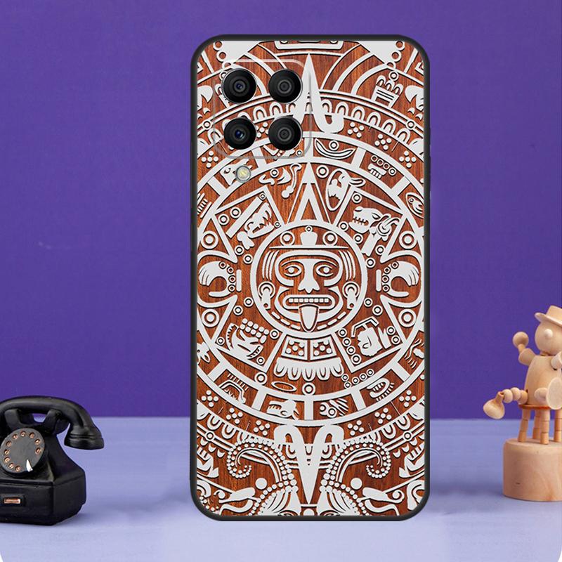 Etui z wzorem kalendarza Majów z drewna do Samsung Galaxy M12 M32 M52 M55 M13 M33 M53 M14 M34 M54 M20 M30s M31s M51 M31 M21