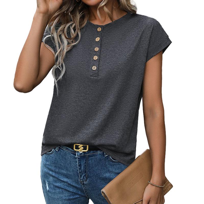 Summer Buttons Plain T-shirt Women's Tops Solid Color T-shirt