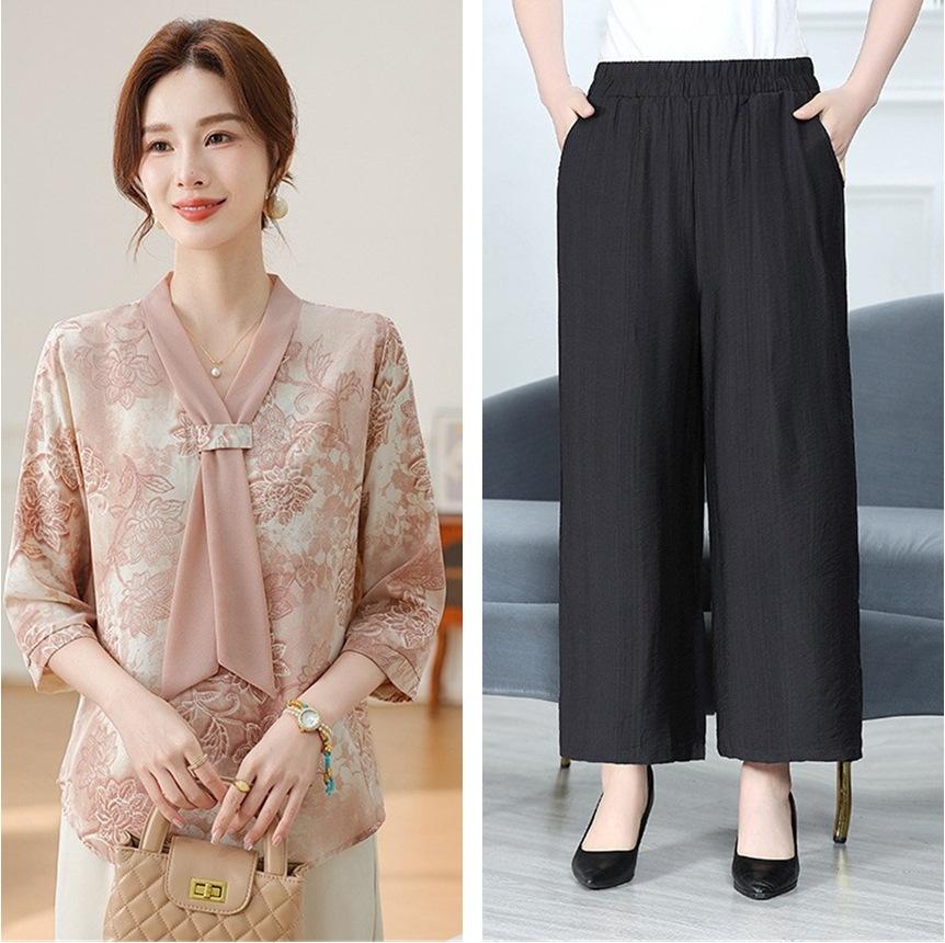 Fashion Printed Spring and Autumn Shawl Collar Women's Fashion Floral Checked Mid Sleeved Loose Chiffon Tops
