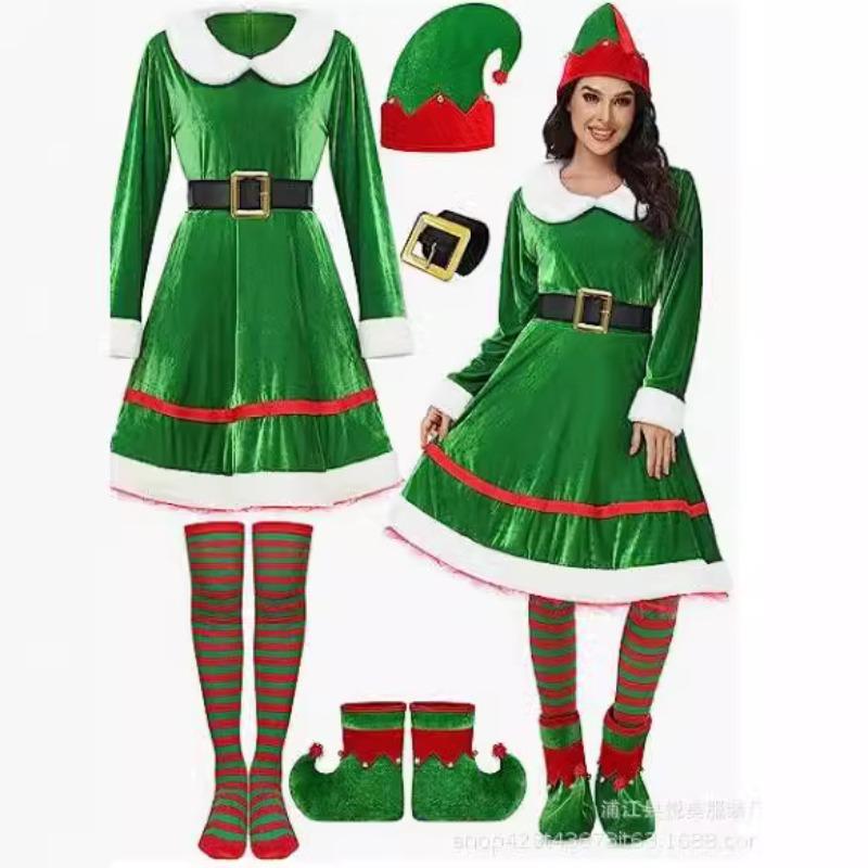 Beautiful Christmas Children's Christmas Elf Costume, Parent-Child Clothing Red Striped Hooded Dress Women's Clothing