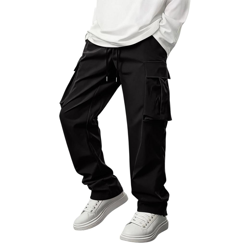 Men Casual Slim Fit Straight Leg Outdoor Multi Pocket Cargo Pants Lightweight Breathable Drawstring Waist Long Trousers