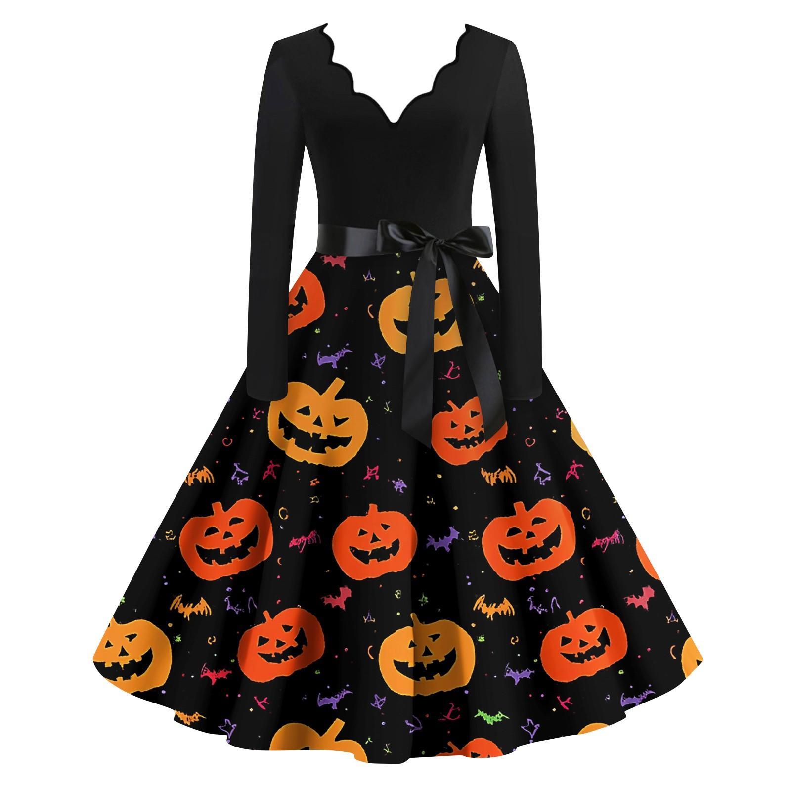 

Женские модные платья с волнистым краем, V-образным вырезом, повседневные, облегающие, с принтом на Хэллоуин, с длинным рукавом L