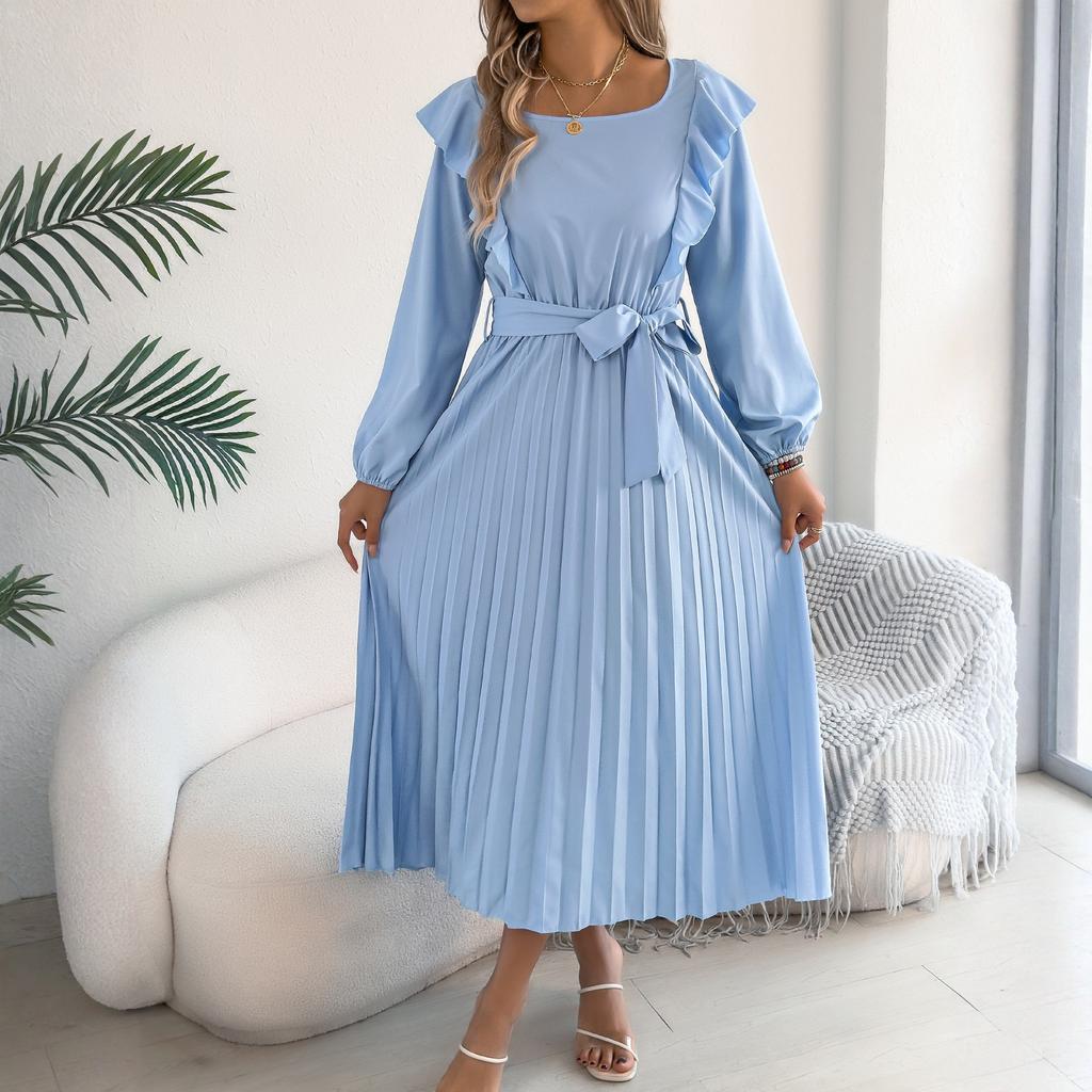 Dámské jednobarevné módní šaty s klopou a dlouhým rukávem