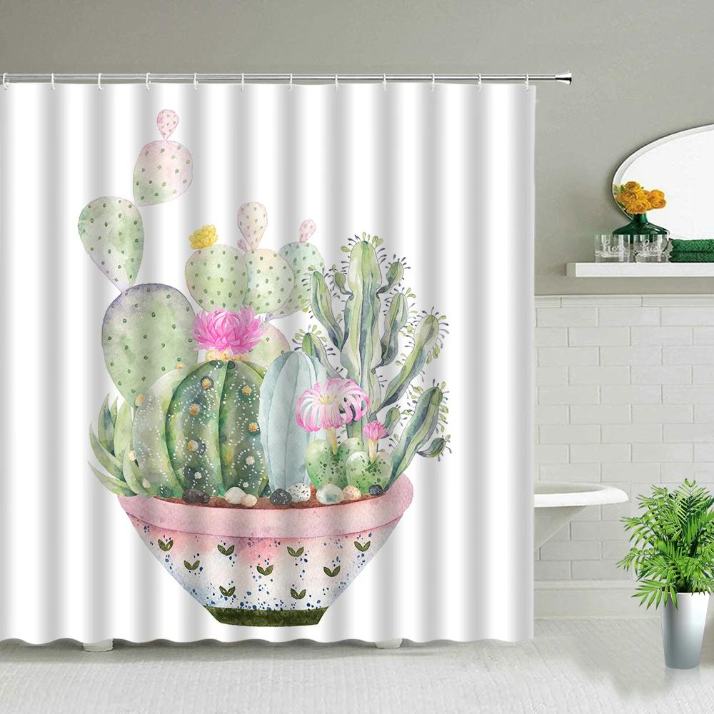 Hower Curtains of Textile Water Color Cactus Flower Tropical Plants Colorful Succulents Pattern Bathroom Shower Curtain Set