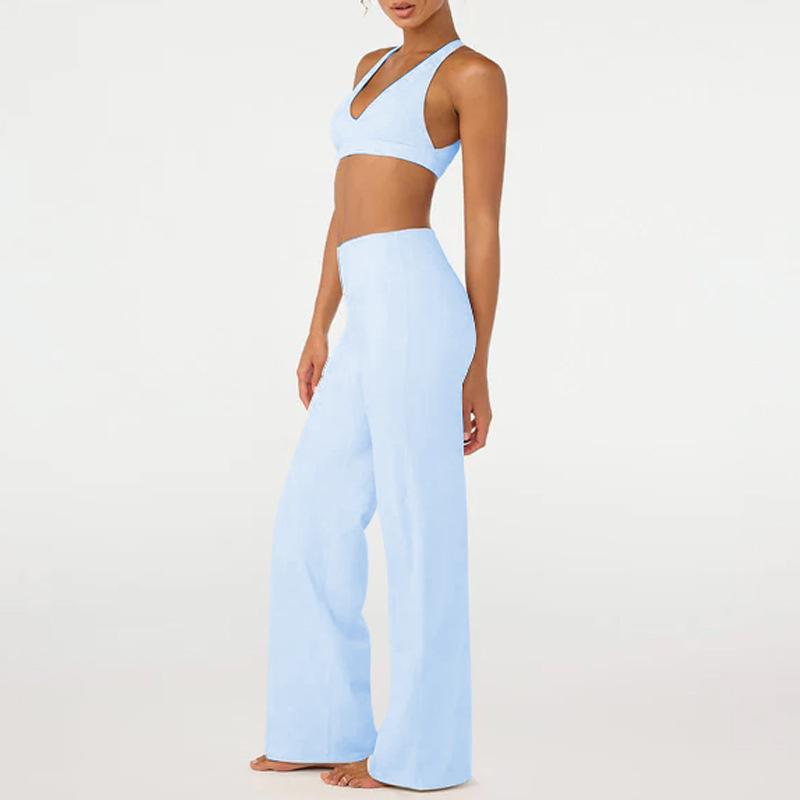 European and American yoga clothes set women gather beautiful back sports underwear nude high waist fitness clothes straight pants set