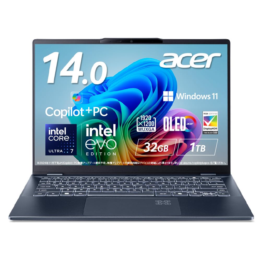 

Ноутбук Acer Swift 14 з AI Core Ultra 7, 32 ГБ оперативної пам яті, 1 ТБ SSD, 14 дюймів, WUXGA OLED, Adobe Hours, QHD, веб-камера, розпізнавання обличчя, розпізнавання відбитків пальців, WiFi 6E синій