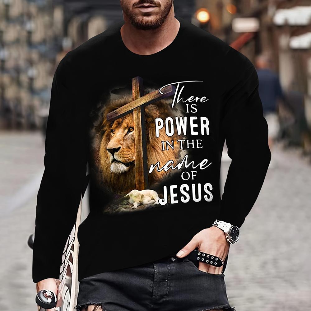 Fashion Jesus Cross Pattern T Shirt For Men 3D Lion Print Long Sleeve T-shirt Hip Hop Trend Vintage Clothes Oversized Cotton Top