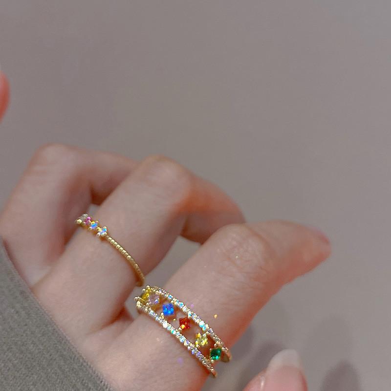 Chic Adjustable Open Ring For Women Featuring Colorful Gemstones And Unique Geometric Design