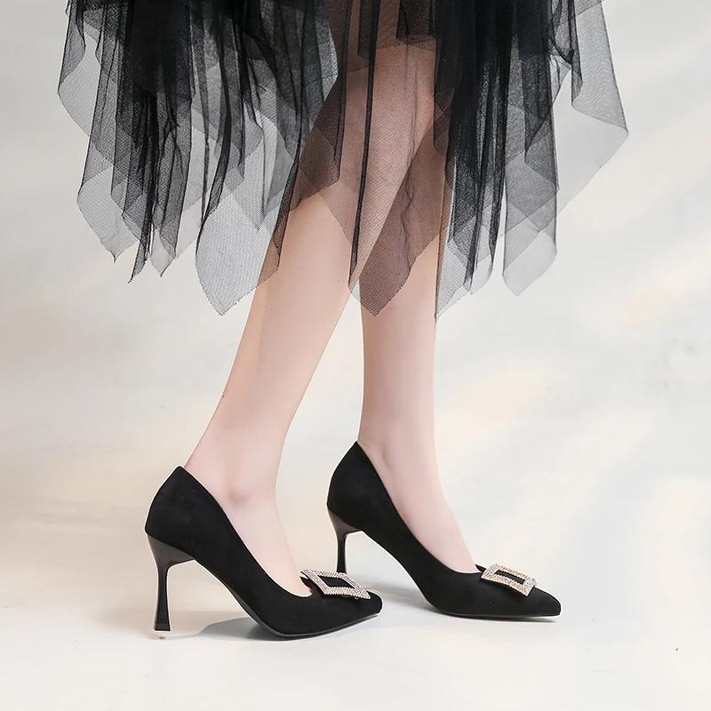 Fashion Velvet Shoes Women Work Dress Professional Black Heels 2024 Pointed Pumps Shallow Mouth Sexy Sandals Footwear Lace-Up Slip On Of