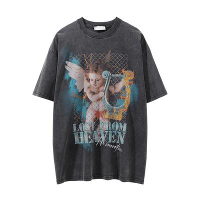 Angel Character Print Men's Short Sleeved T-shirt Ins European and American Street Distressed Round Neck Half Sleeved T-shirt Summer Bf Loose Fit
