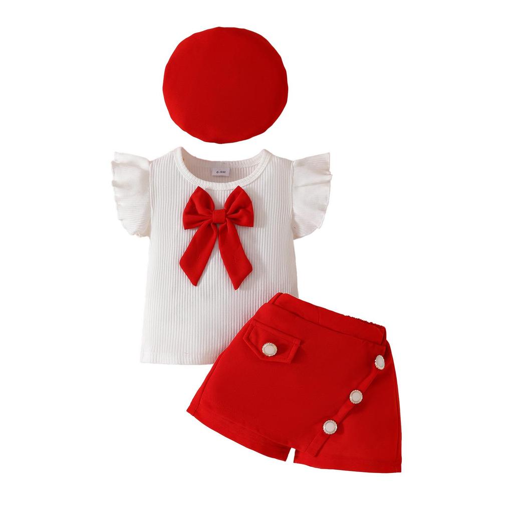 2025 Toddler Girl Ruffle Bow Top, Skort & Beret Set