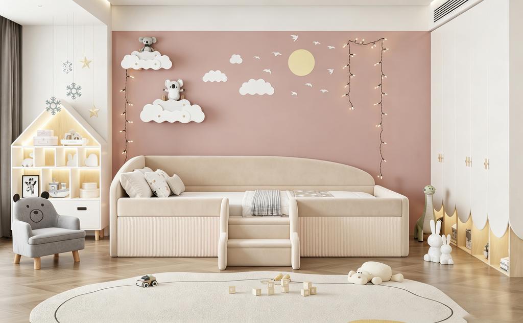Cama Estofada Cama Infantil 90*190cm, Cama Multifuncional, Com Degraus e Grades de Proteção, Tecido de Veludo Amigo da Pele, sem Colchão Bege