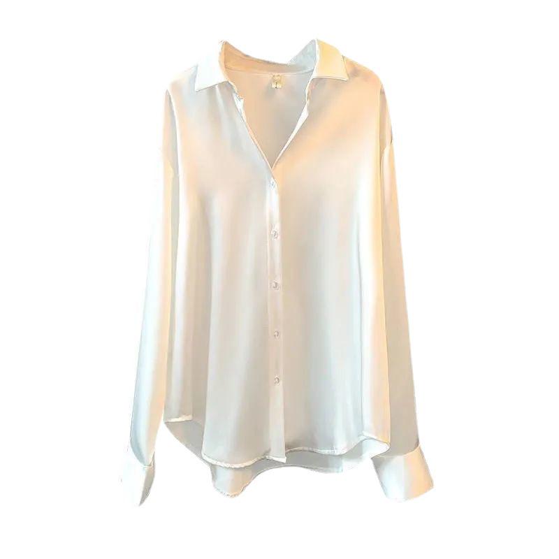 Women's Long Sleeve Satin Shirt - 2025 Retro Drapey Top, Versatile Hong Kong Style for Spring & Autumn