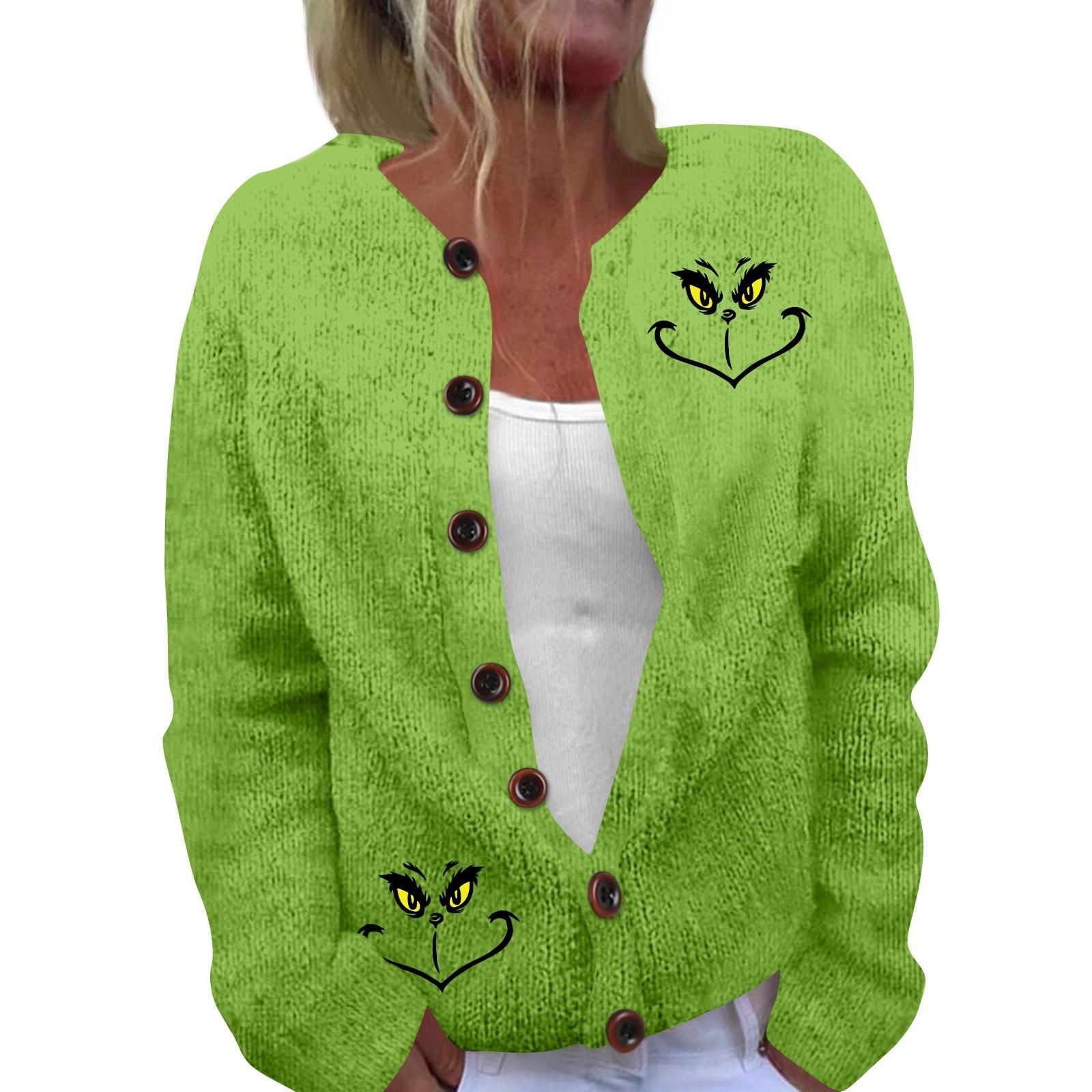 Women s Fashion Christmas Printed Long Sleeve Knitted Cardigan Button Down Jacket XXXL