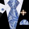 Pearl Brooch with Silk Tie for Men Vintage Floral Teal Necktie Hanky Cufflinks Gift Formal Set