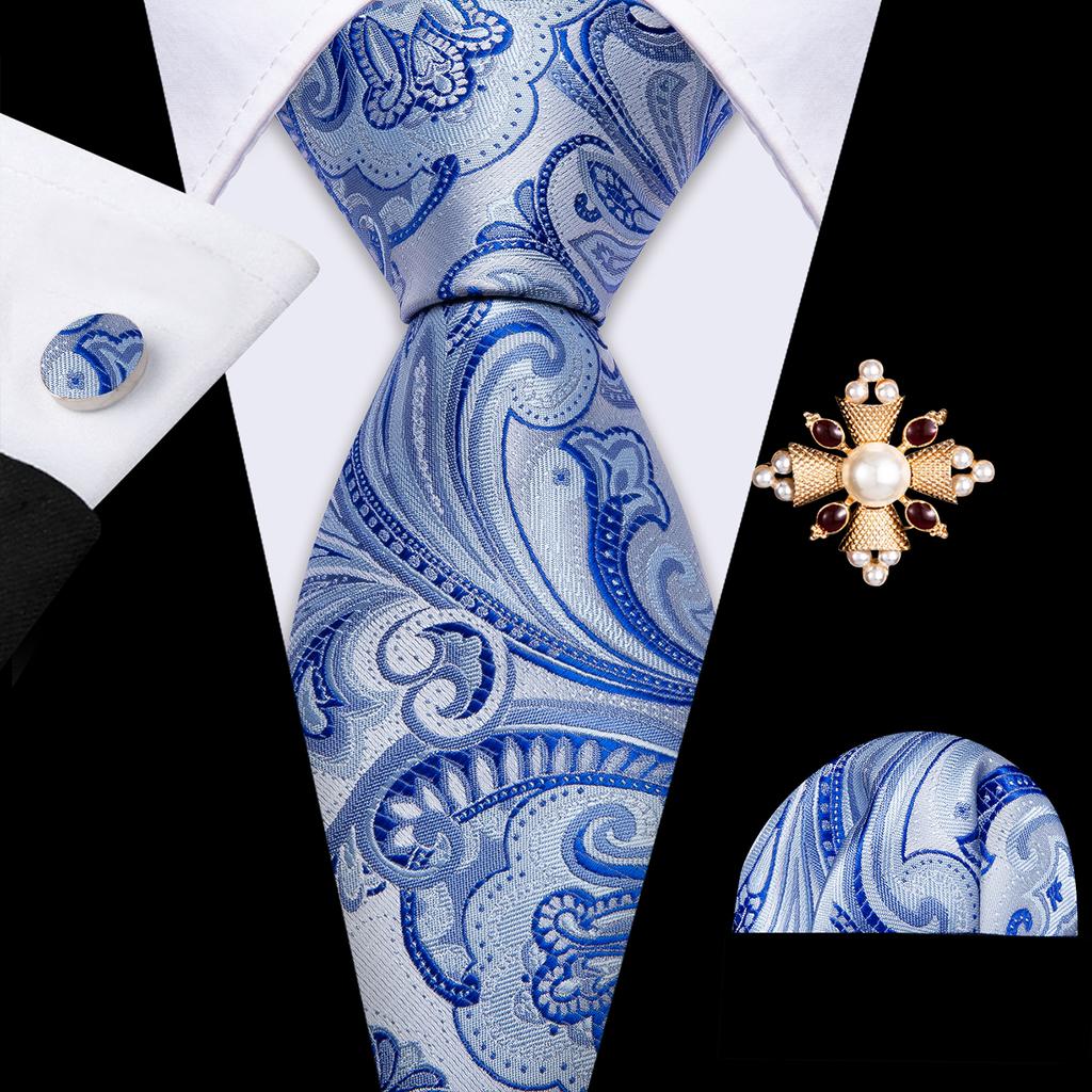 Pearl Brooch with Silk Tie for Men Vintage Floral Teal Necktie Hanky Cufflinks Gift Formal Set