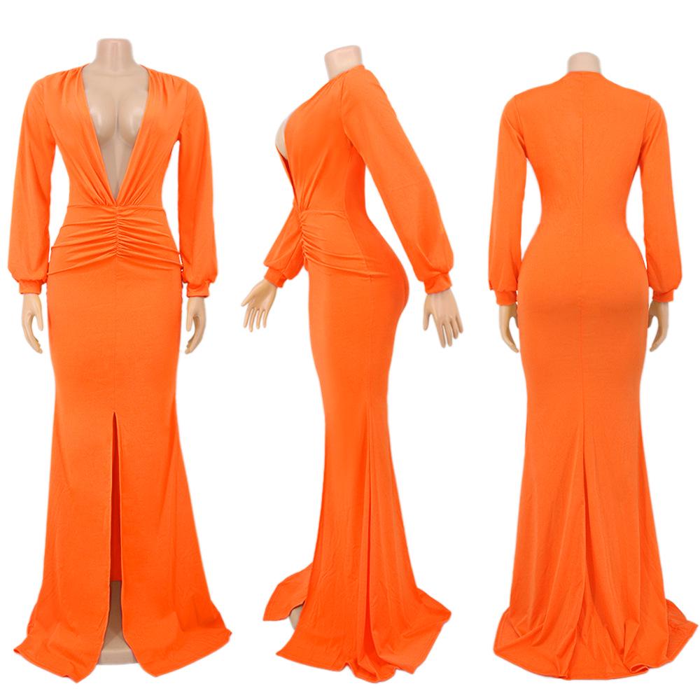 Solid Color V-Neck Slim Sexy Women's Evening Gown