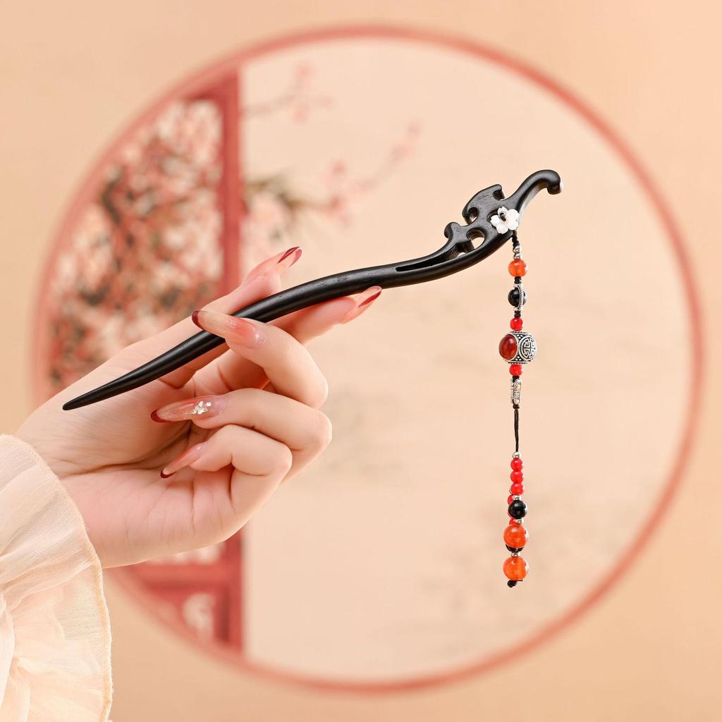 Ancient Style Black Sandalwood Tassel Hairpin for Qipao & Hanfu