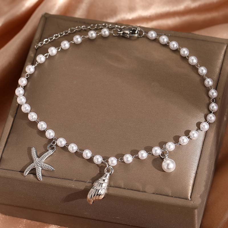Stainless Steel Metal Shell Starfish Pendant Anklet For Women Bohemian Gold Color Imitation Pearl Beaded Anklet Beach Zircon