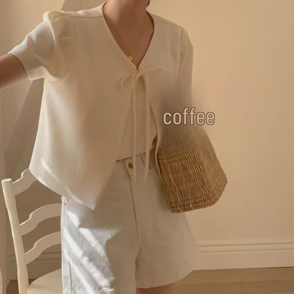Dongdaemun Korean Bow Jacket: Elegant Short-Sleeved, Gentle Forest Style