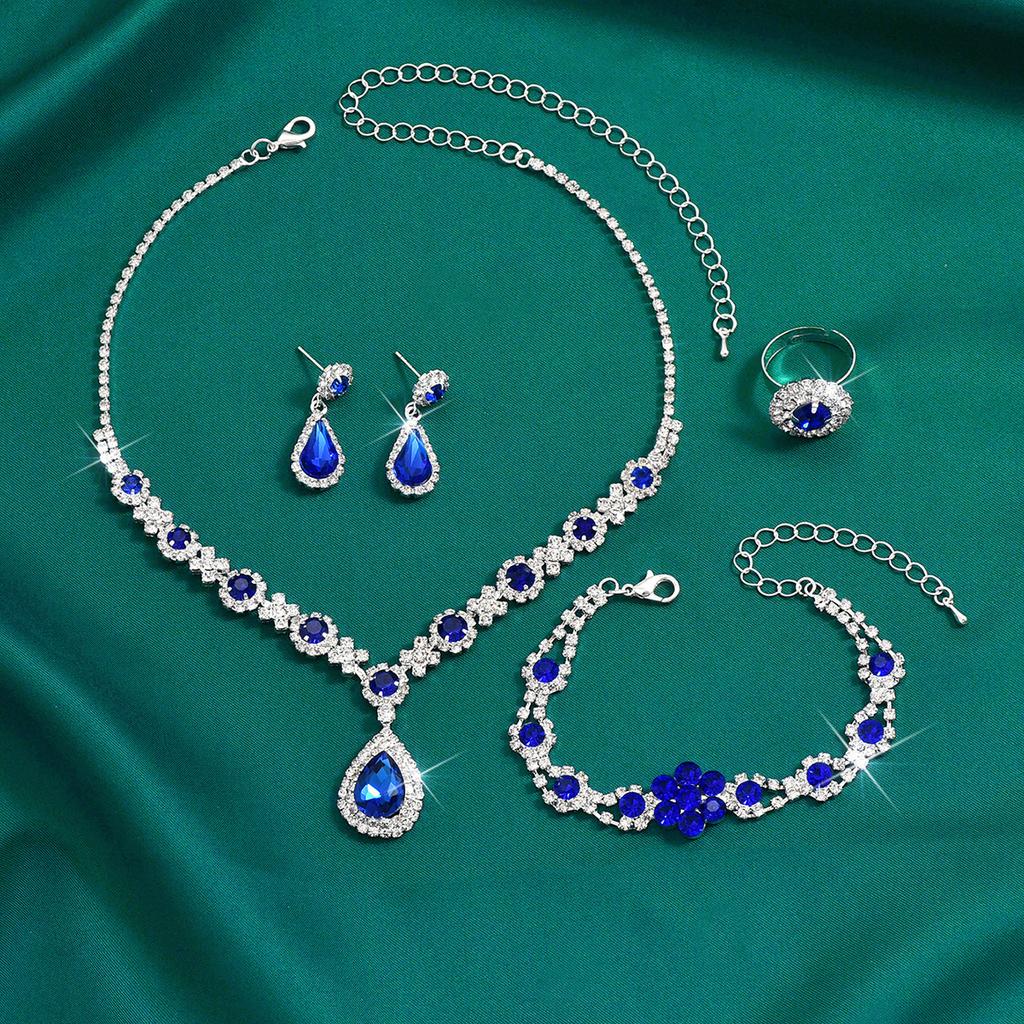 4PCS Copper Color Crystal Drop Necklace Earrings Bracelet Ring Jewelry Set for Women Rhinestone Wedding Party Accessories